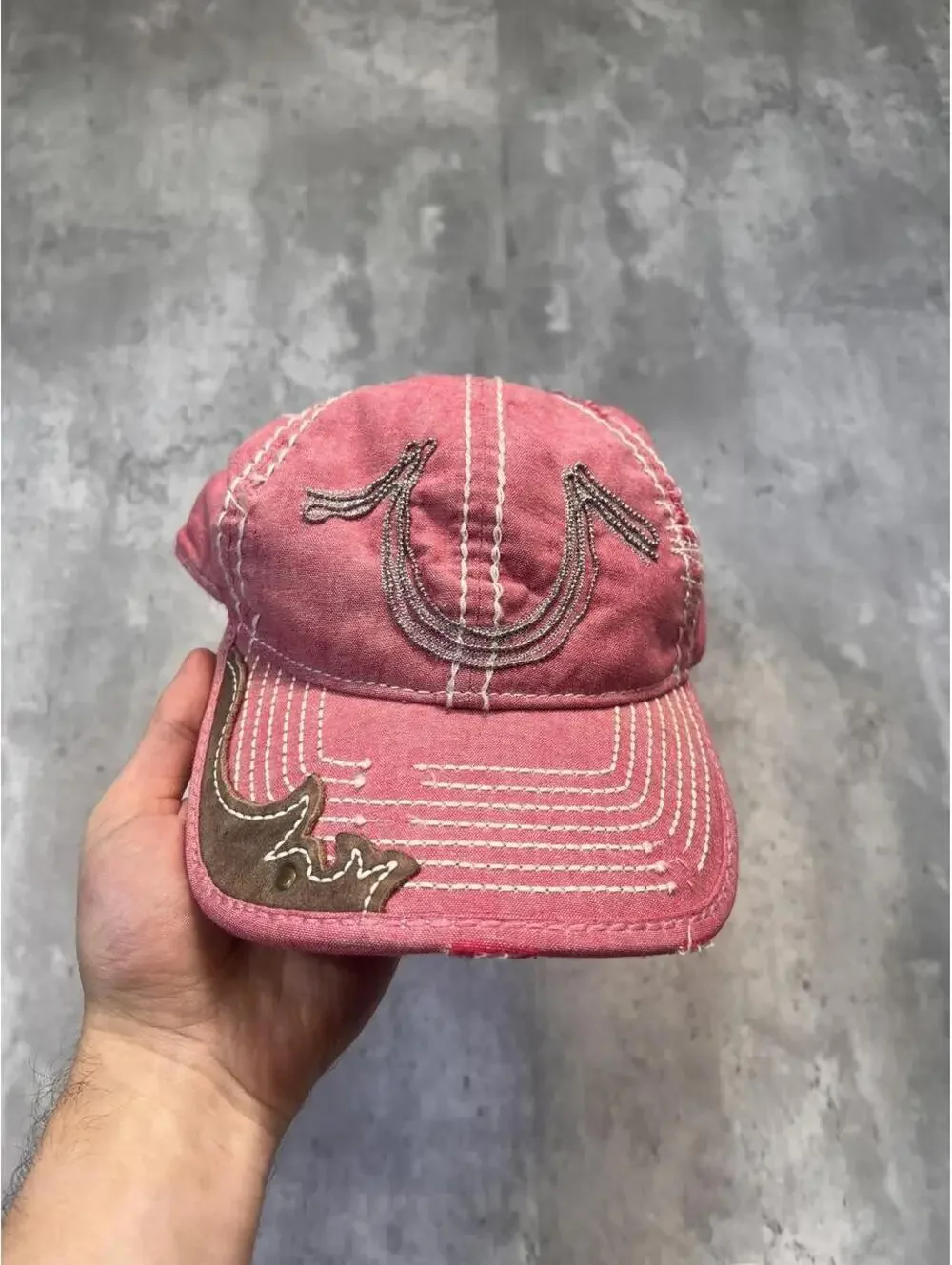 Y2K True Religion Horseshoe Pink Distressed Hat